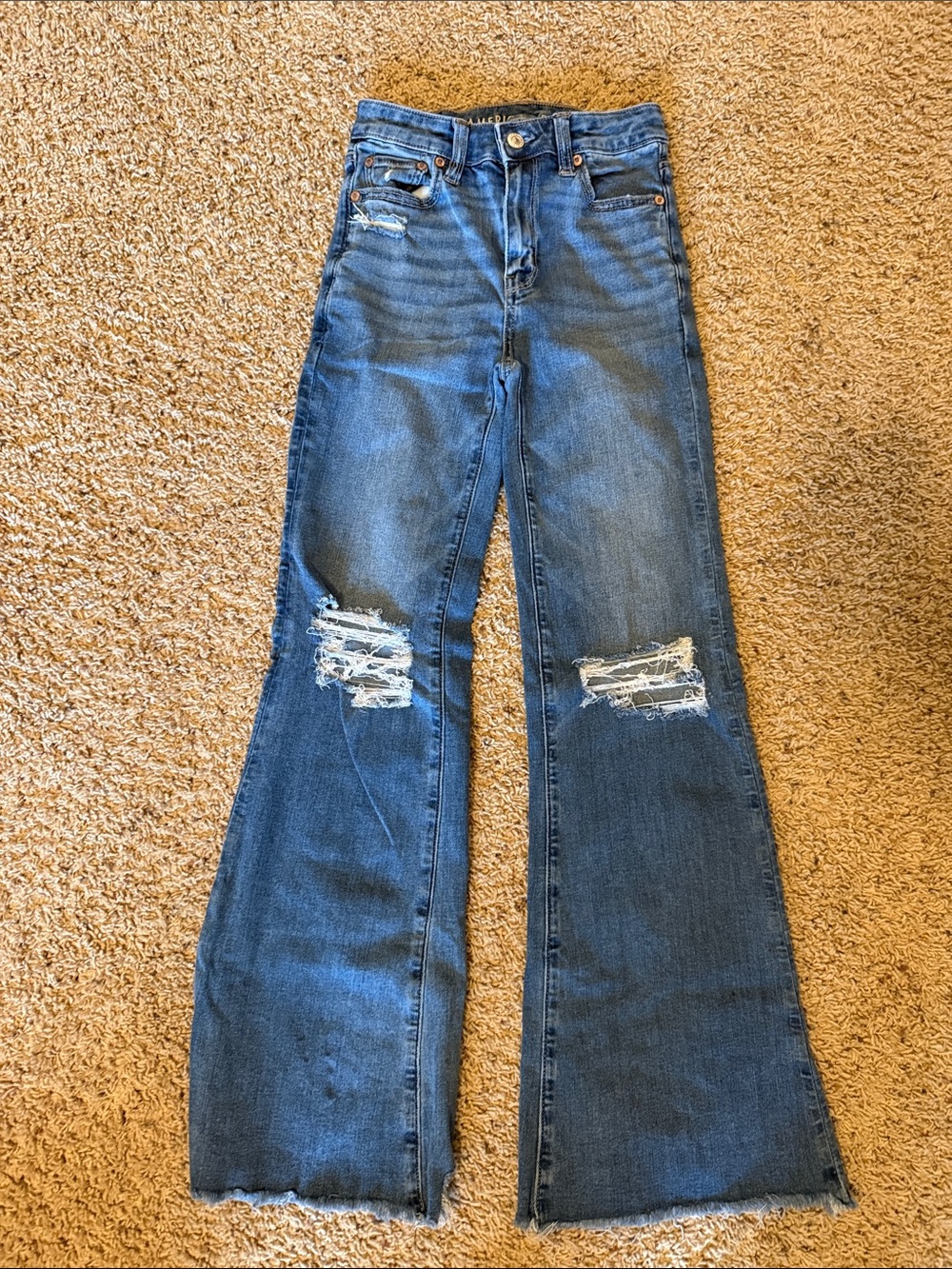 American Eagle Outfitters Distressed Flared Jeans - Blue